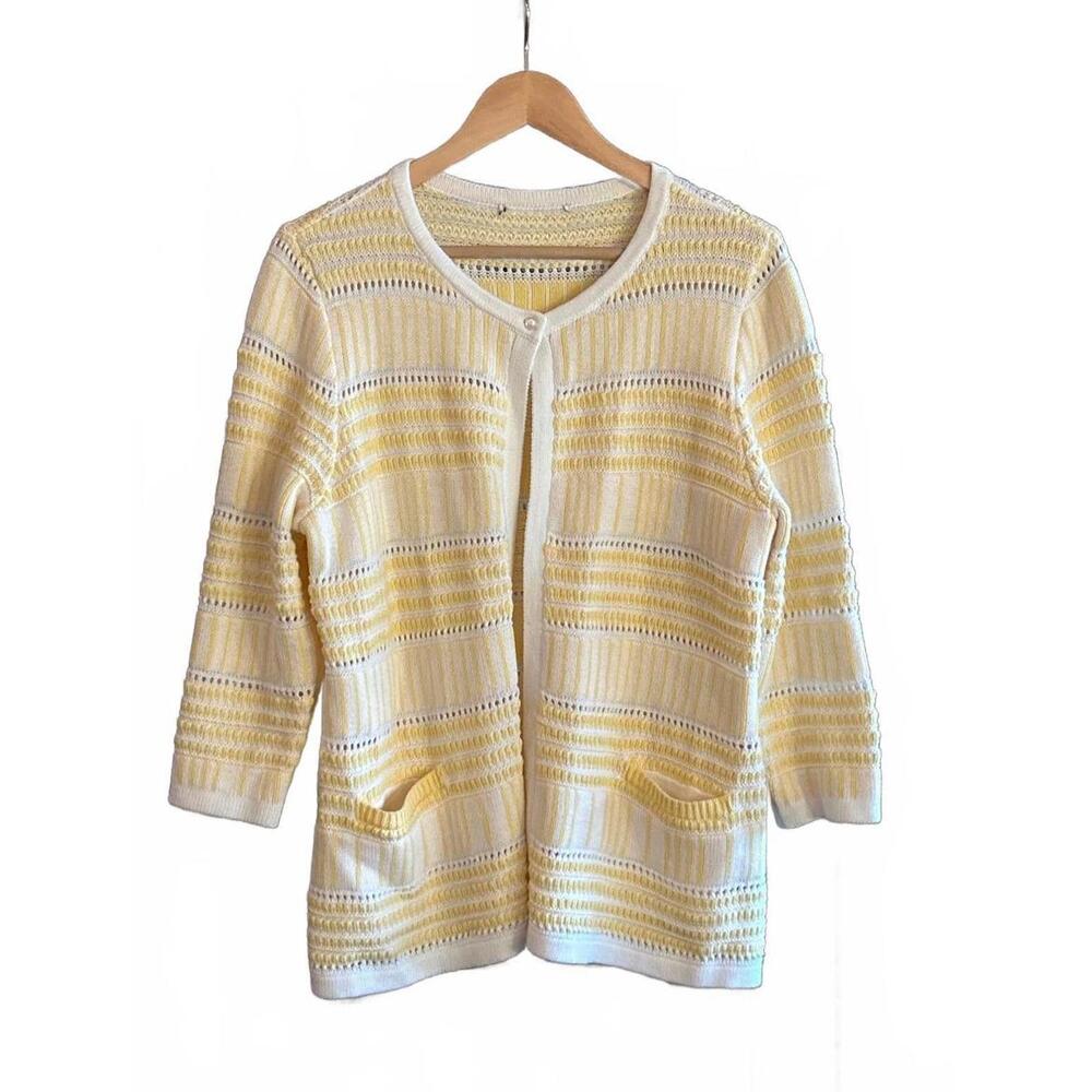 Christopher & Banks Womens Cardigan S/L Yellow White Crochet Knit Sweater Boho